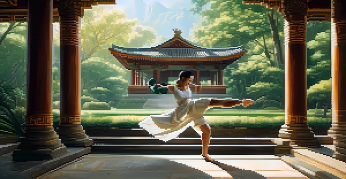 A female martial artist performing a mid-air kick in an ancient temple surrounded by greenery, with sunlight filtering through the trees.
