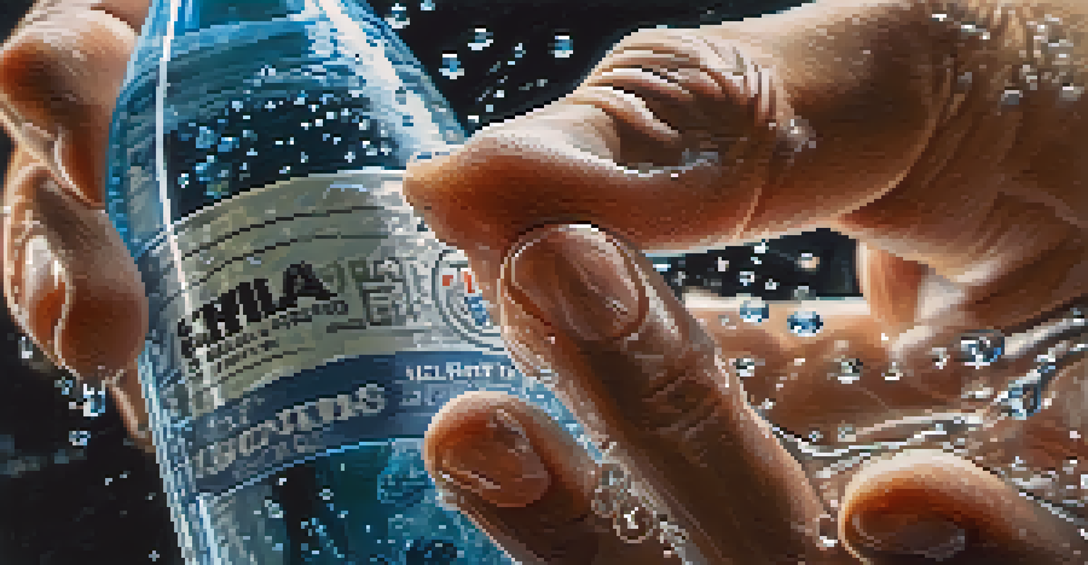 A close-up of a hand holding a water bottle, droplets visible, with a blurred dojo in the background.