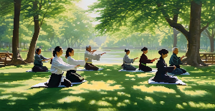 A group of people practicing tai chi in a sunny park, surrounded by trees and a pond, highlighting diversity and mindfulness.