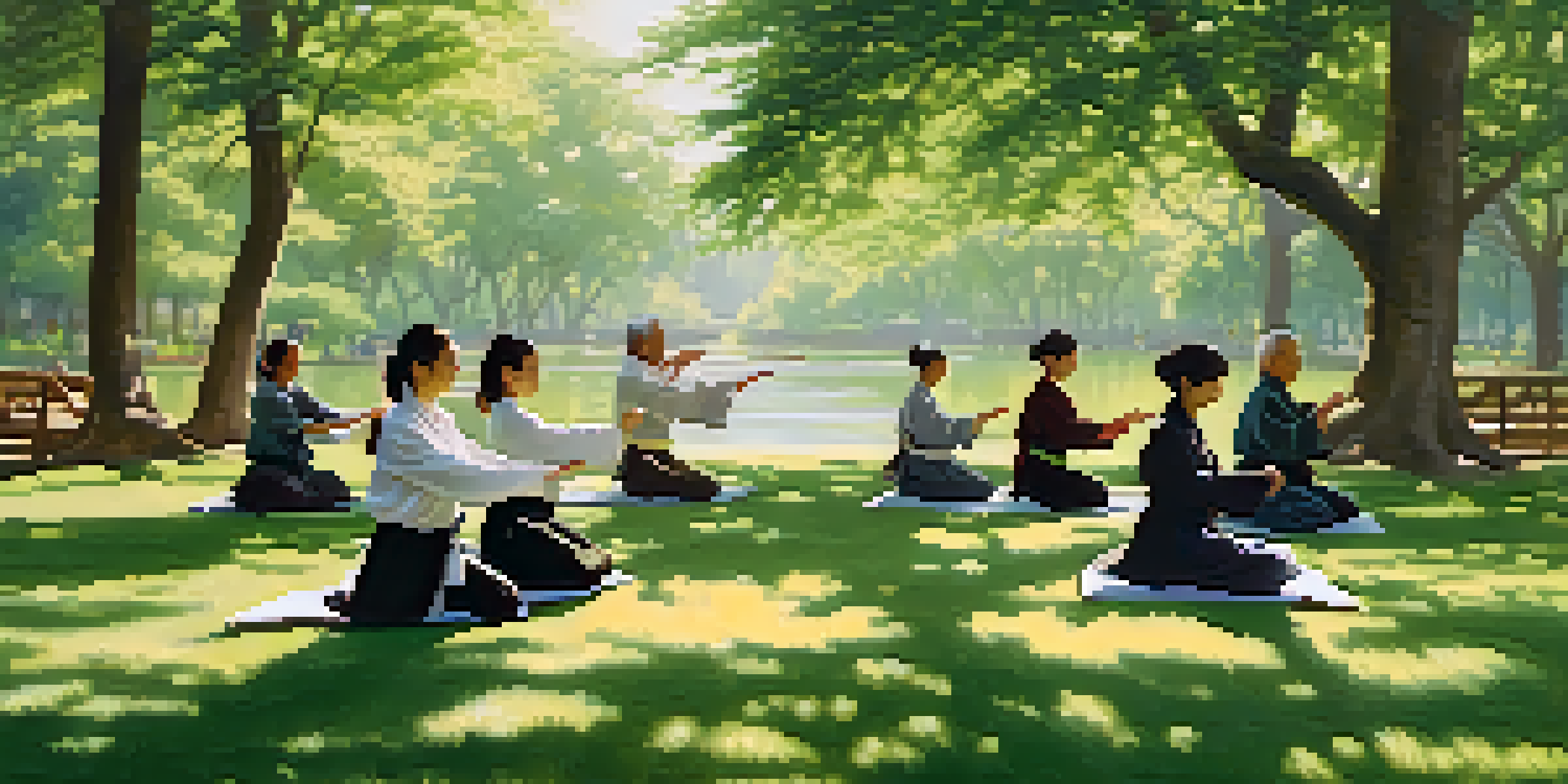 A group of people practicing tai chi in a sunny park, surrounded by trees and a pond, highlighting diversity and mindfulness.