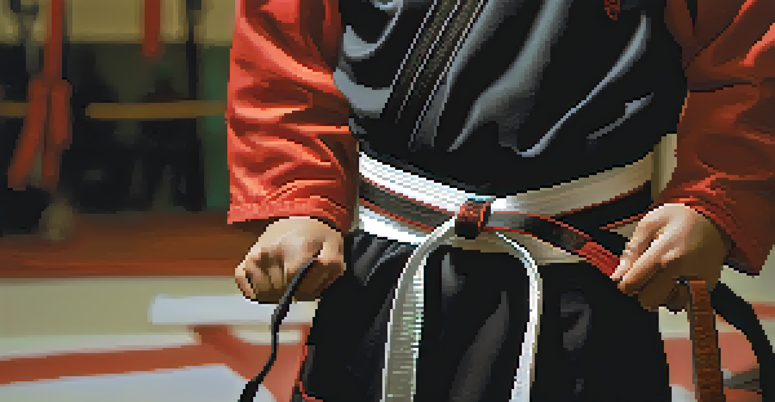 A young martial artist tying their belt with a determined expression, showcasing the textures of their uniform.