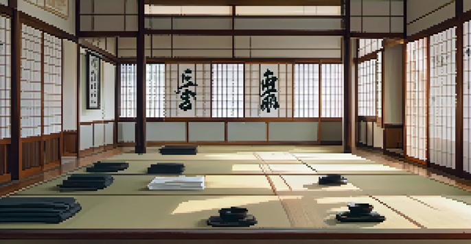 A diverse group of martial artists bowing in a traditional dojo, surrounded by wooden floors and soft natural light.