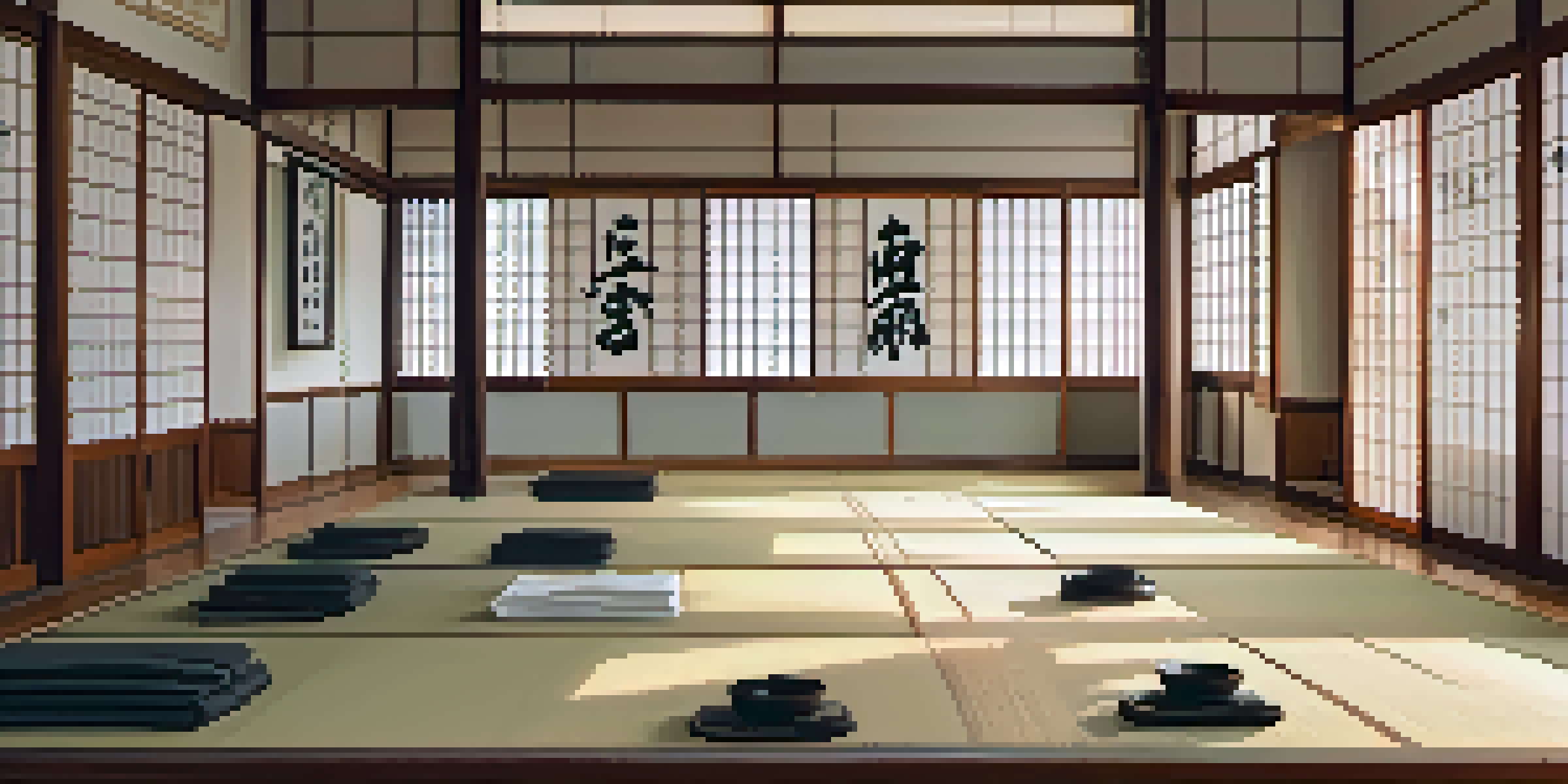 A diverse group of martial artists bowing in a traditional dojo, surrounded by wooden floors and soft natural light.