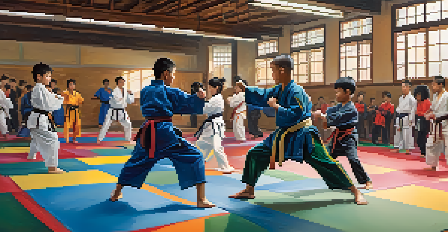 Diverse martial arts students sparring energetically in a bright gym, with instructors in the background.