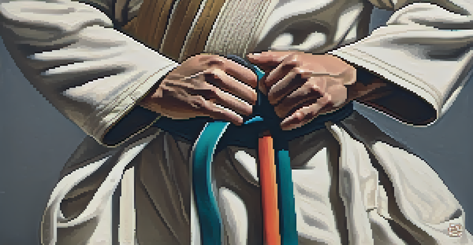 Close-up of a martial artist's hands tying a belt, emphasizing focus and detail.
