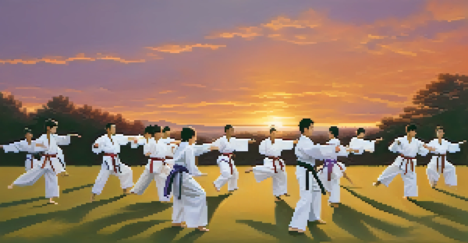 Martial arts students performing a synchronized kata outdoors at sunset, demonstrating focus and teamwork.