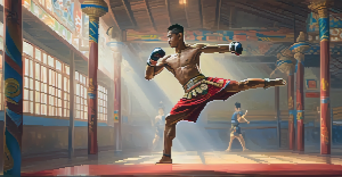 A Muay Thai fighter performing the Wai Khru dance in a training gym, surrounded by cultural murals and training equipment.