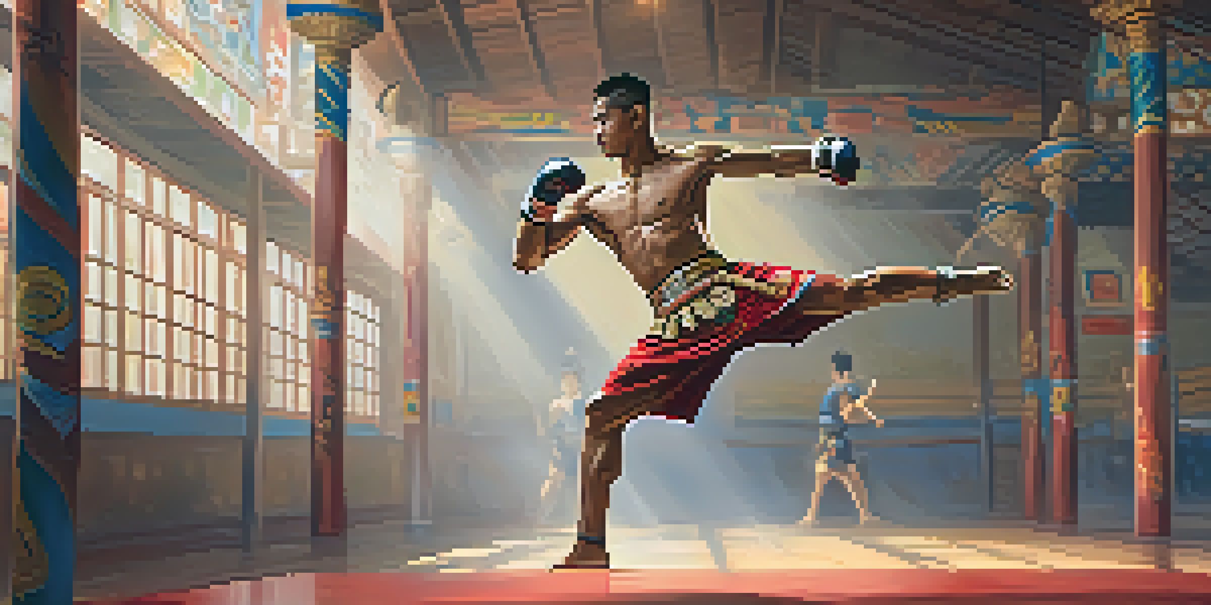 A Muay Thai fighter performing the Wai Khru dance in a training gym, surrounded by cultural murals and training equipment.