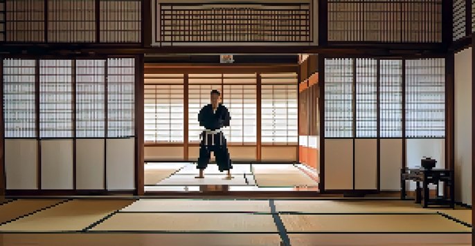 A martial artist practicing kata in a serene dojo with natural light and polished wooden floors.