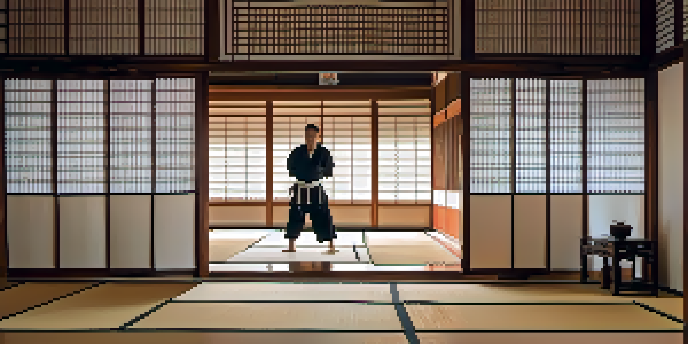 A martial artist practicing kata in a serene dojo with natural light and polished wooden floors.