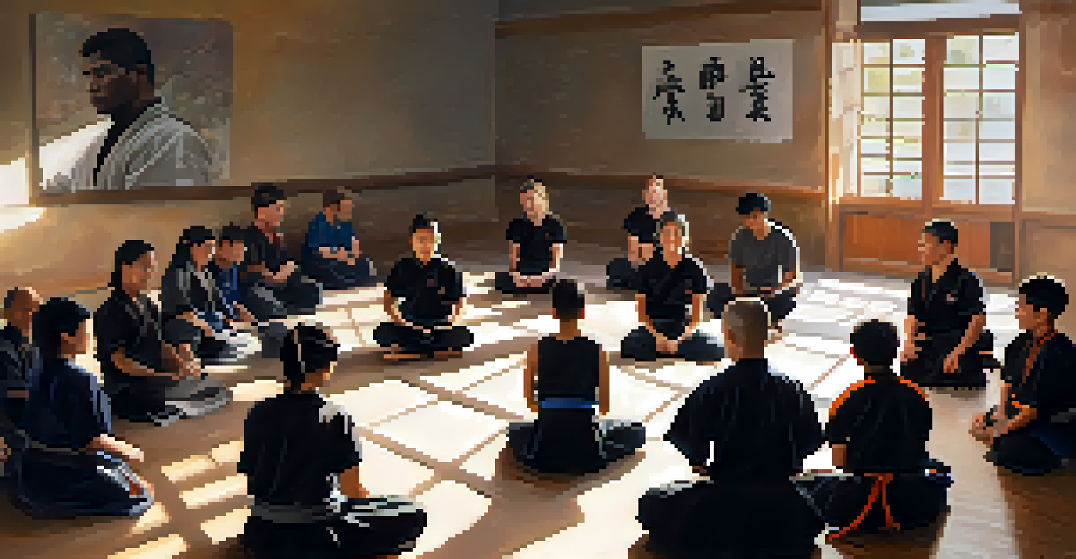 A diverse group of martial arts students sitting in a circle, sharing experiences after training, conveying a sense of community and support.