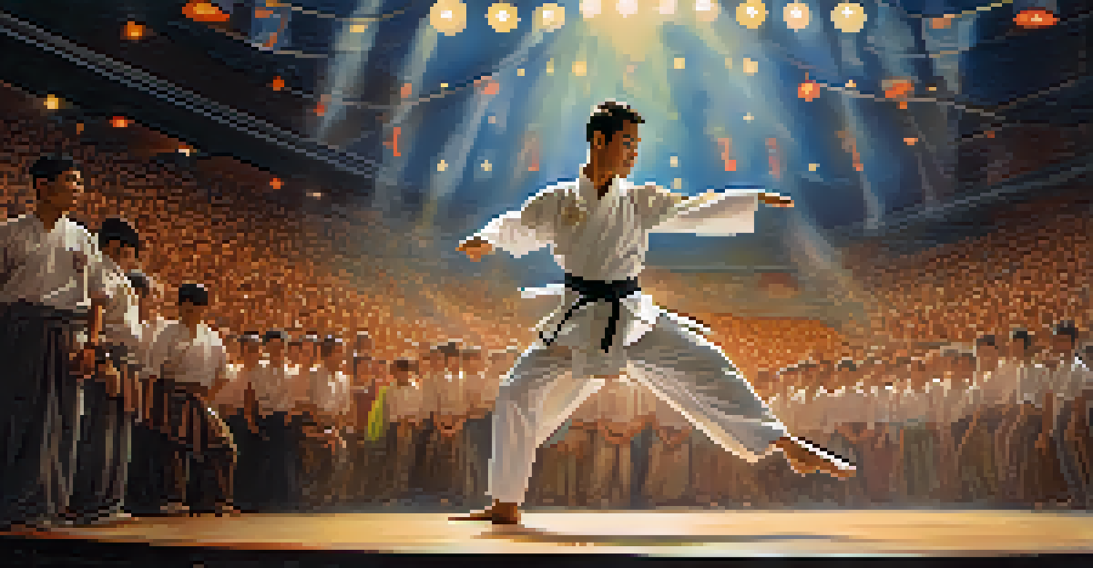 A dancer performing a powerful martial arts kick mid-air on stage, surrounded by soft lighting and an enthusiastic audience, showcasing a blend of martial arts and dance.