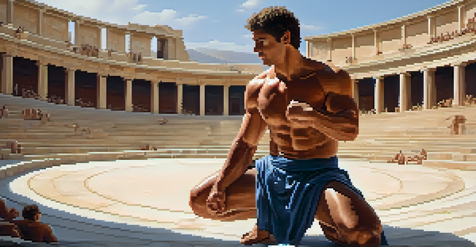 An athlete in ancient Greece preparing for a Pankration match in an amphitheater, with spectators in the background.