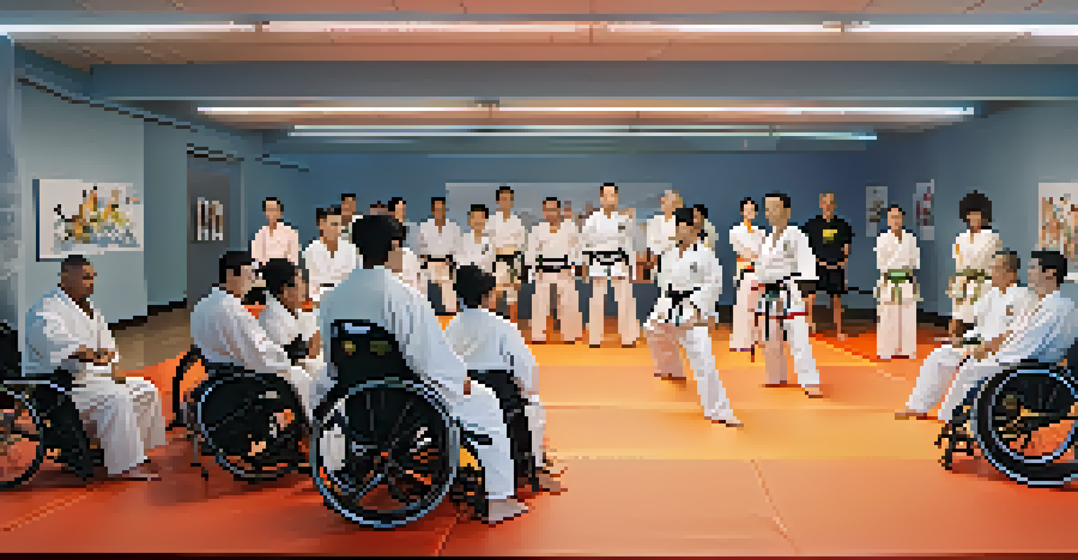 A diverse group of disabled martial arts athletes training together in a dojo, practicing adaptive techniques in a supportive environment.
