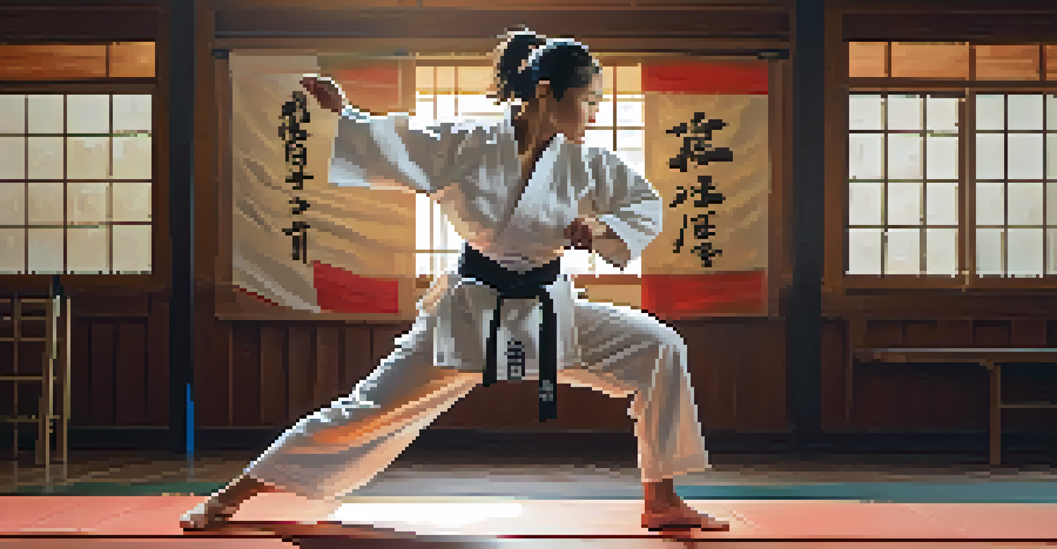 A female martial artist breaking a board, surrounded by supportive peers in a dojo, showcasing strength and determination.