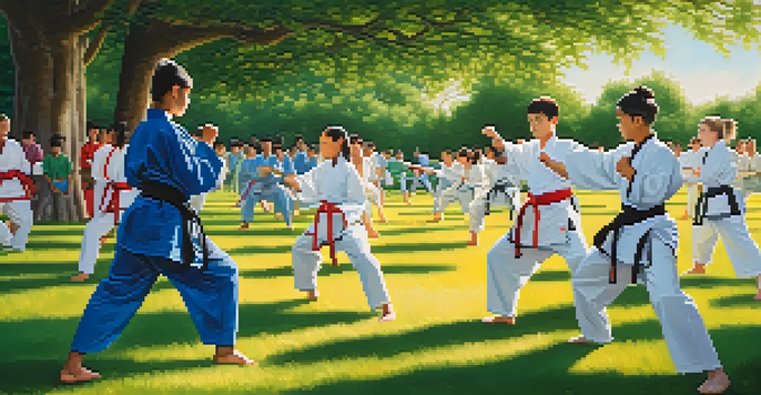 A diverse group of young people practicing martial arts outdoors in a sunny park, demonstrating teamwork and focus.