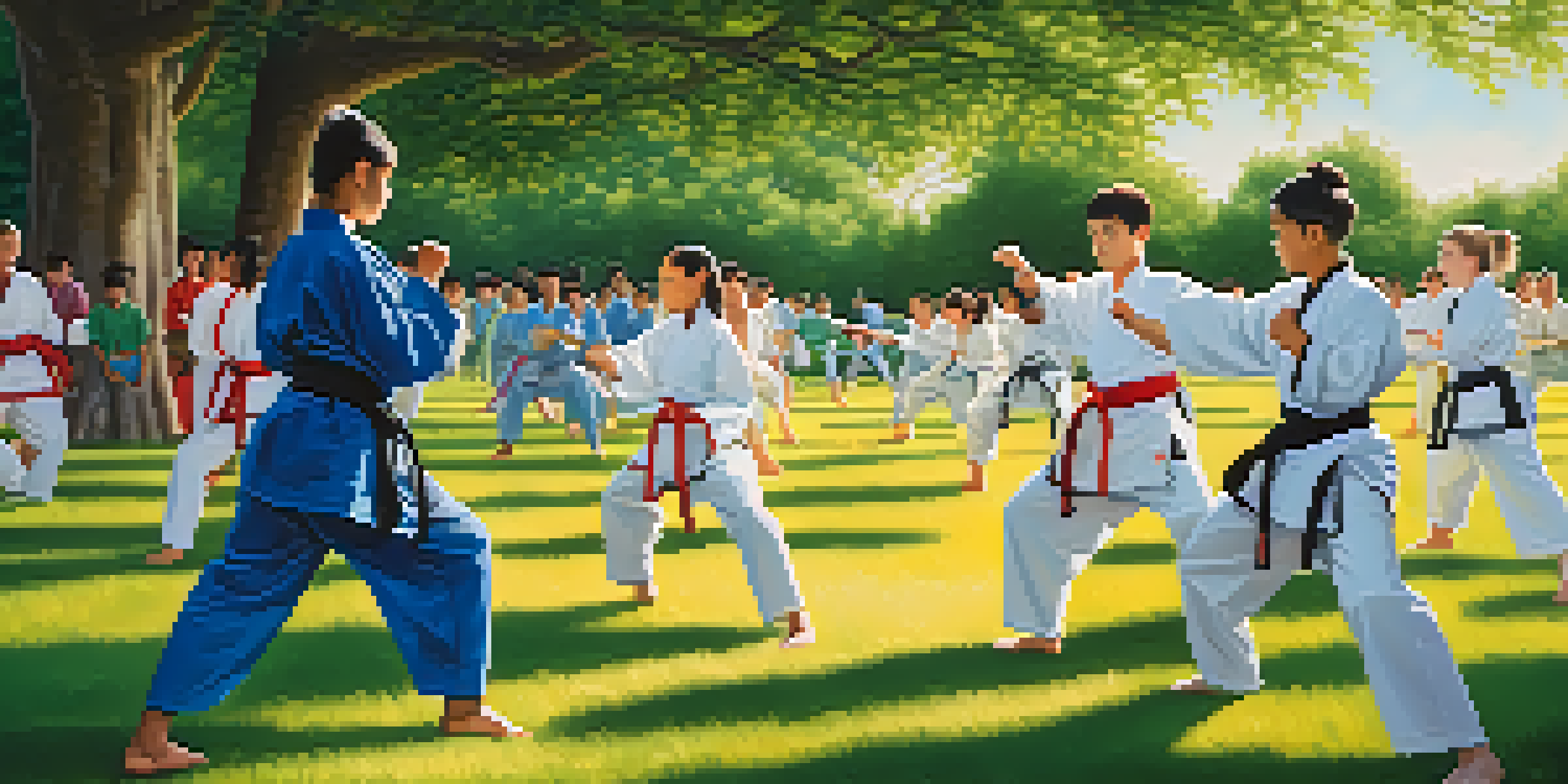 A diverse group of young people practicing martial arts outdoors in a sunny park, demonstrating teamwork and focus.