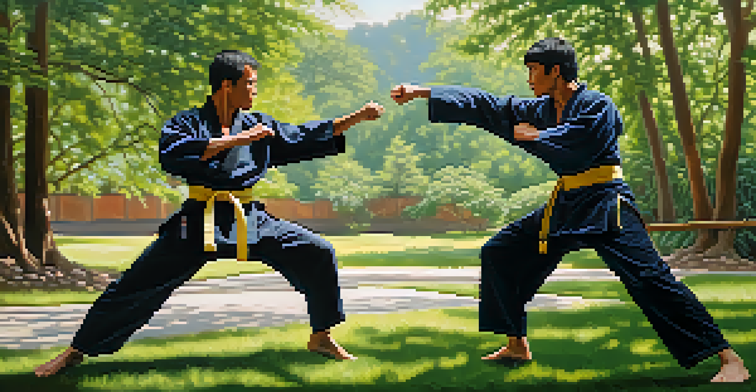Two martial artists sparring outdoors, showcasing focused expressions and dynamic movements amidst lush greenery.