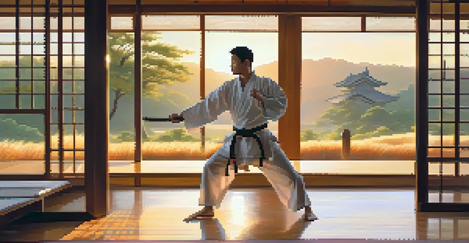 A martial artist practicing in a dojo illuminated by sunset light, with wooden floors and traditional weapons on the walls.
