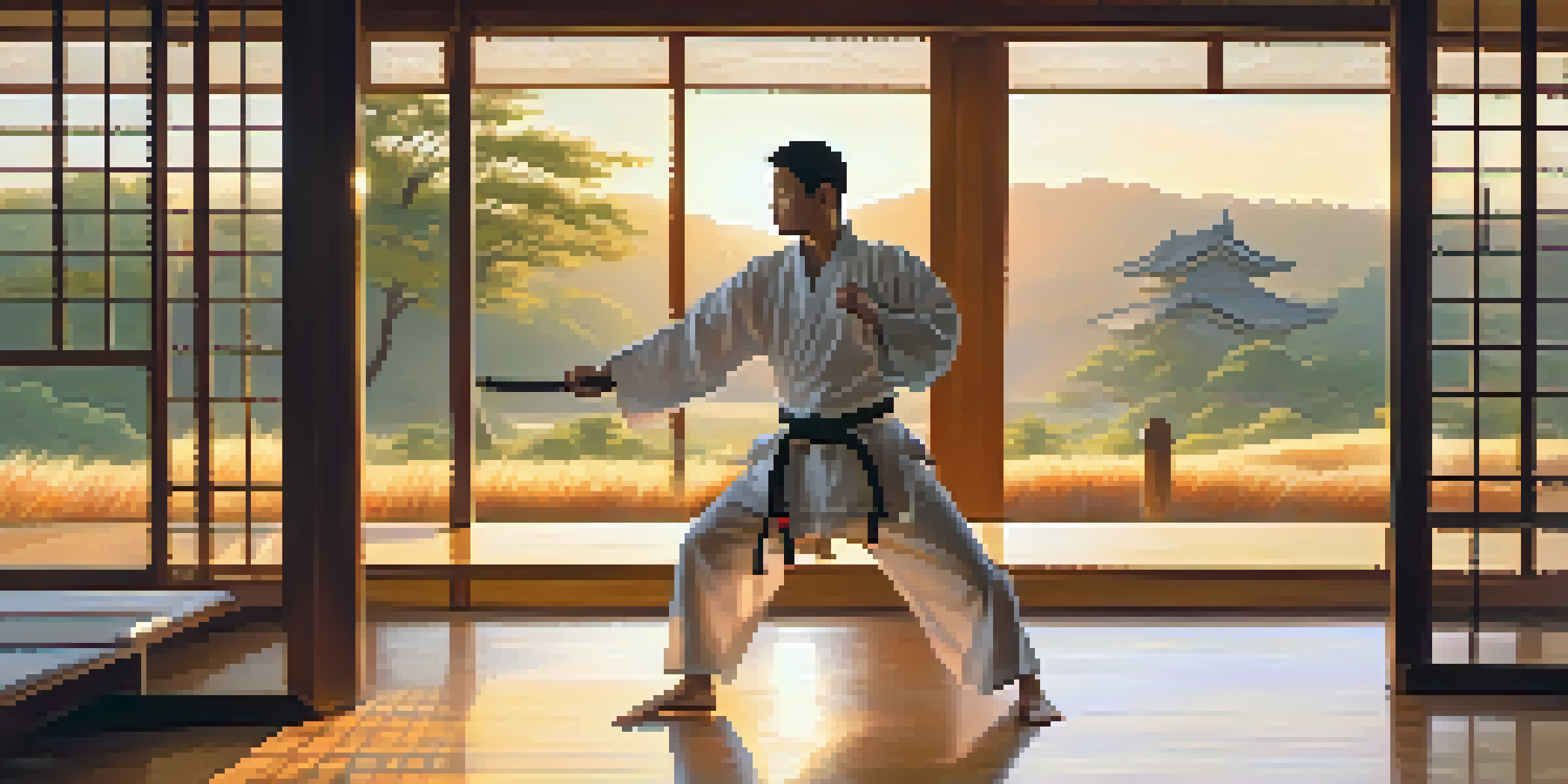 A martial artist practicing in a dojo illuminated by sunset light, with wooden floors and traditional weapons on the walls.