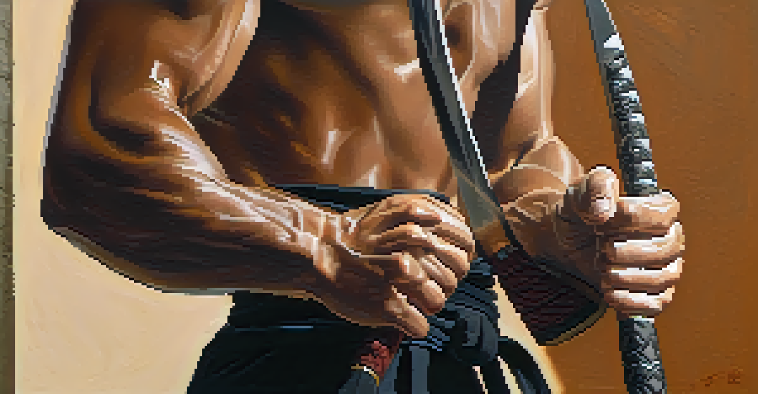 A close-up of a martial artist's hands gripping a training weapon with a focused expression.