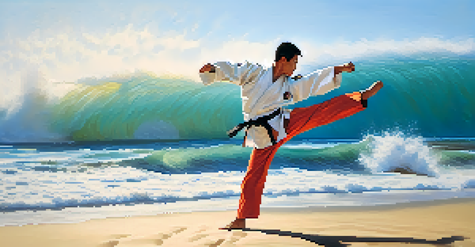A martial artist performing a high kick on a beach with waves in the background.