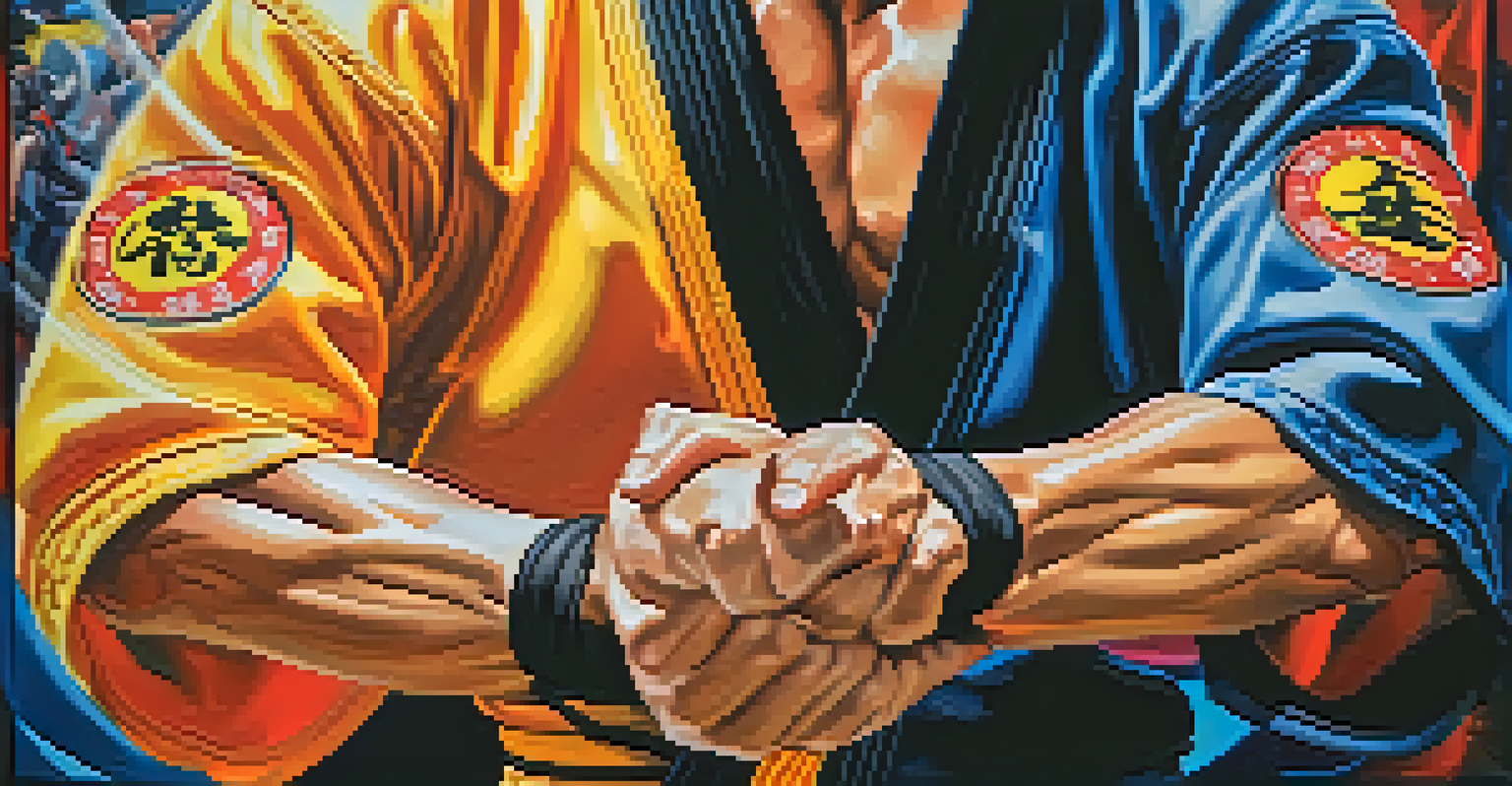 A close-up of a martial artist's hands in motion performing a self-defense technique, with a dojo in the background.