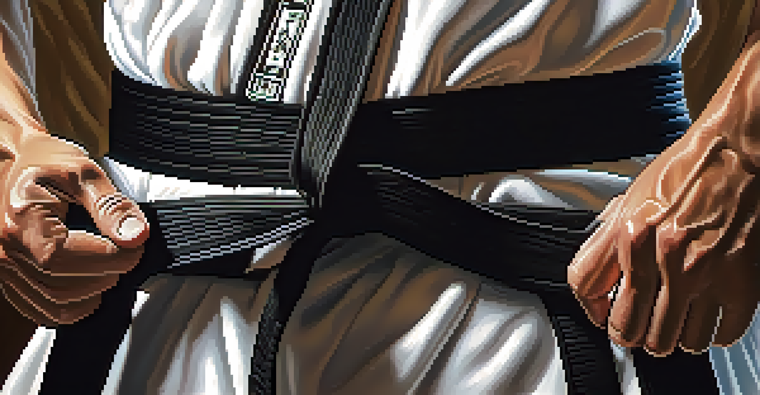 Close-up of hands tying a black belt in a dojo, illustrating discipline and commitment, with soft lighting emphasizing the textures.