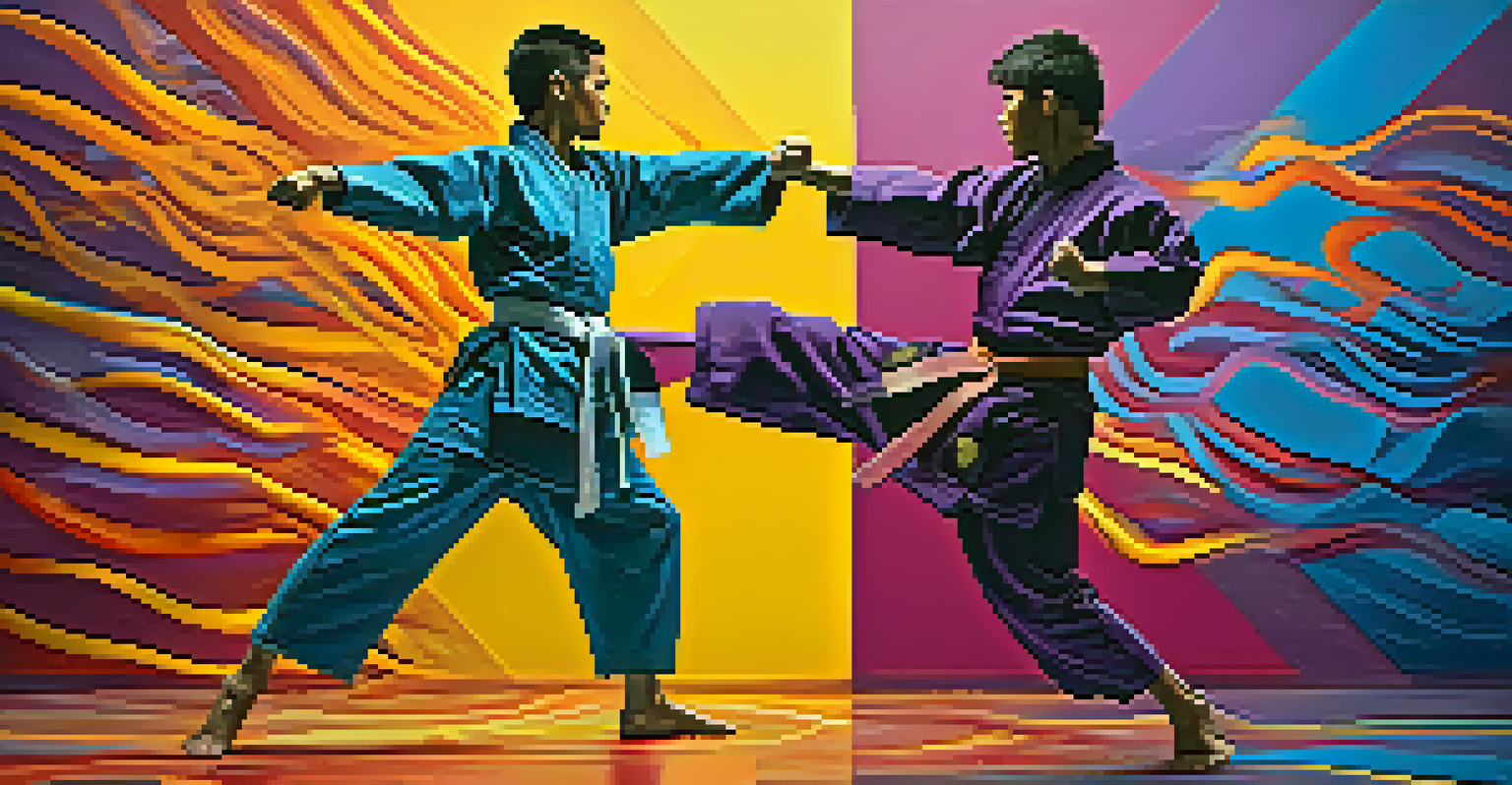 Colorful swirling patterns representing different martial arts styles against a deep blue and purple gradient background, symbolizing energy and motion.