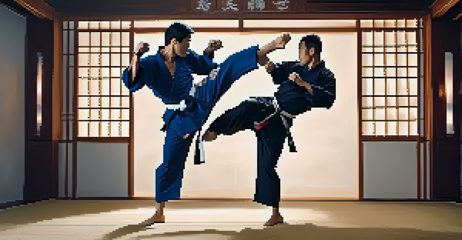 Two martial artists sparring in a dojo, one executing a high kick while the other blocks, with traditional decor and dust particles in the air.