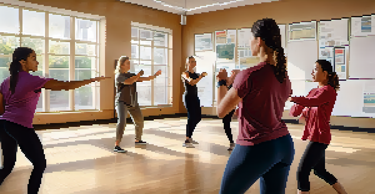 A female instructor demonstrating self-defense techniques to a group of attentive women in a training room.