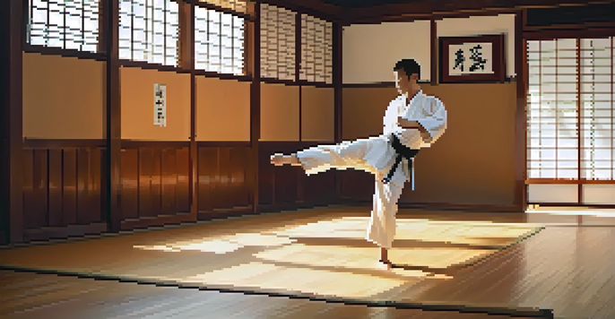 A martial artist performing a roundhouse kick in a sunlit dojo, with traditional decor and polished wooden floors.