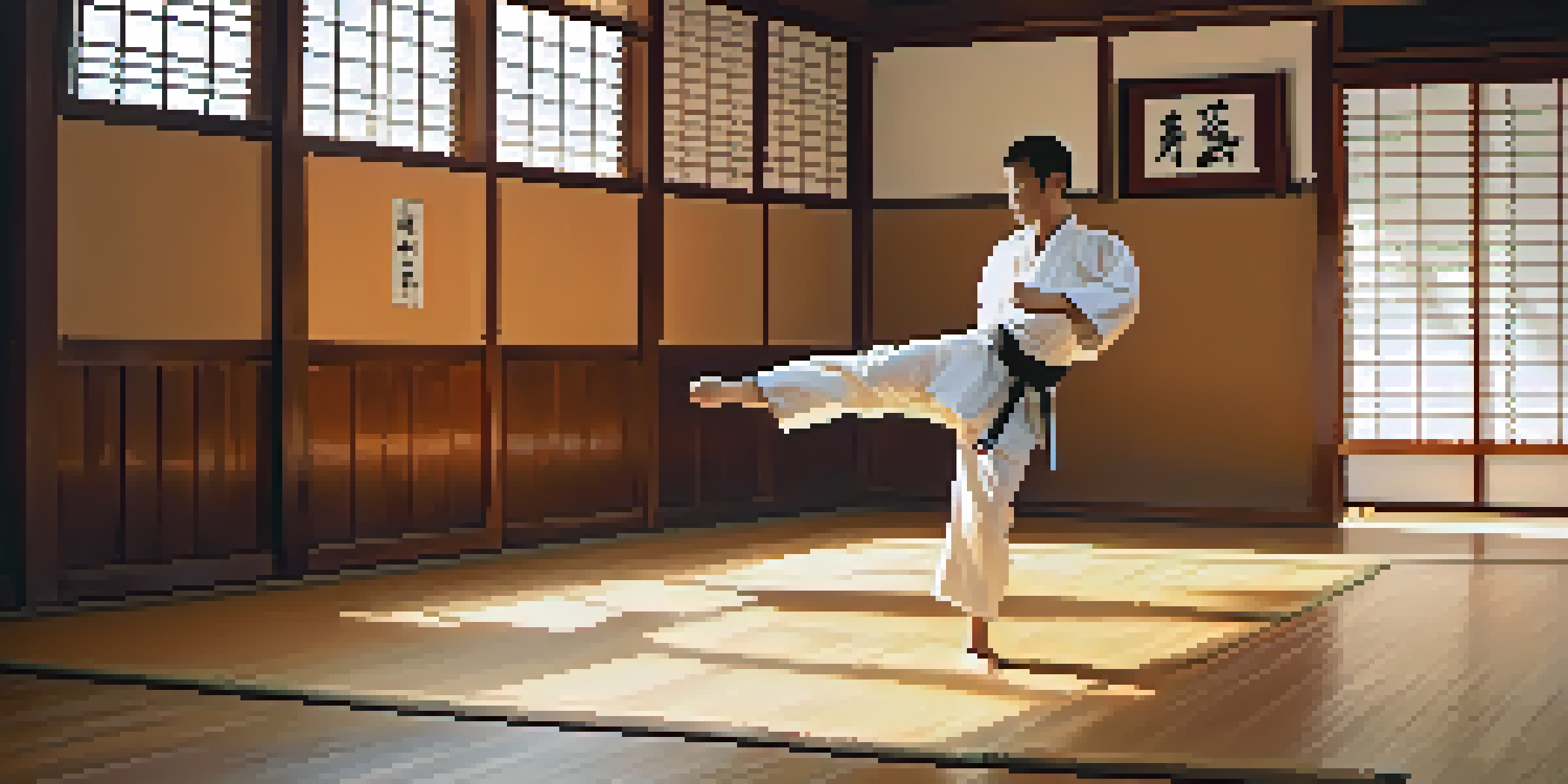 A martial artist performing a roundhouse kick in a sunlit dojo, with traditional decor and polished wooden floors.