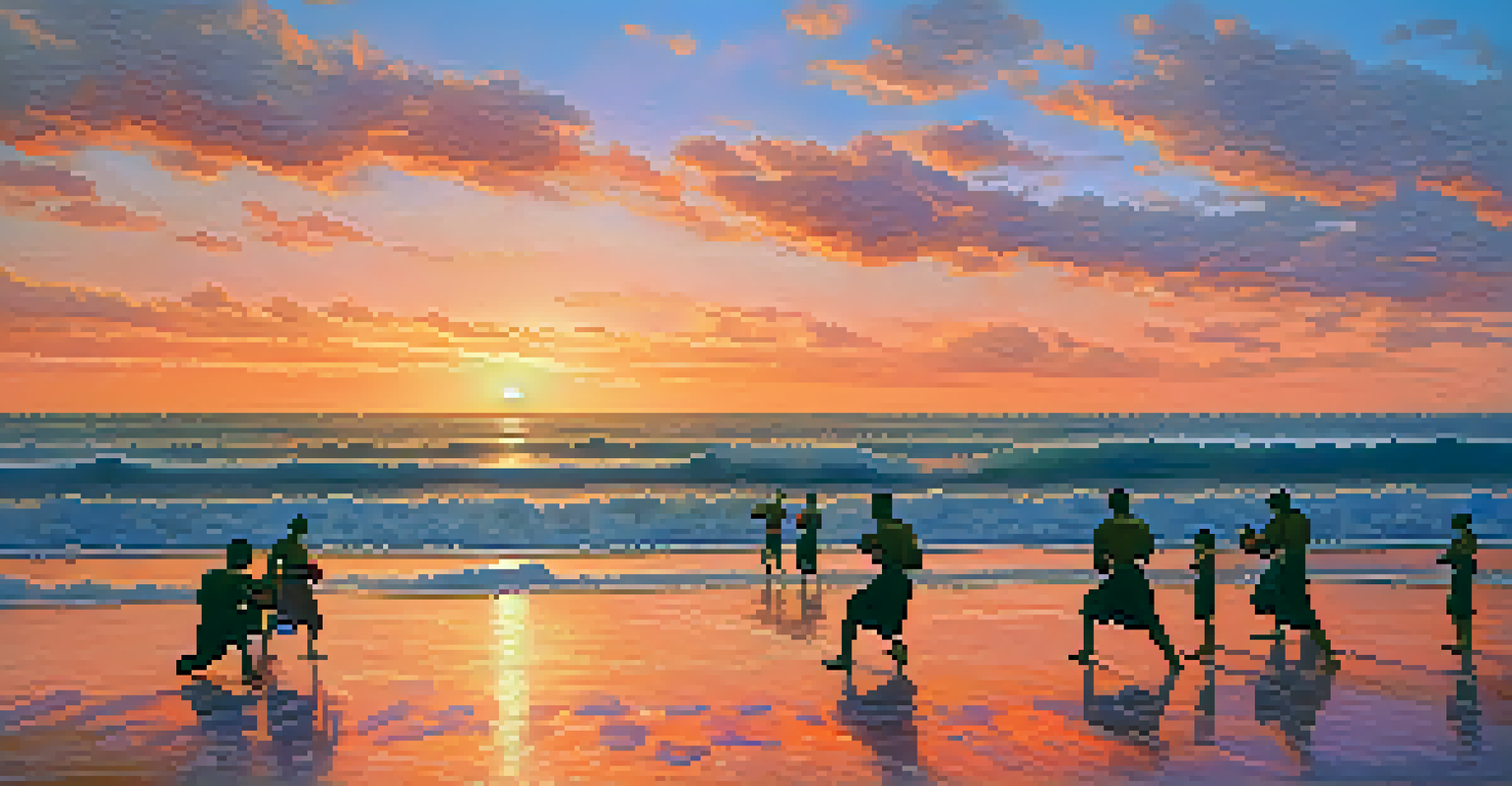 A group of travelers practicing Muay Thai on the beach at sunset, with colorful skies and ocean waves.