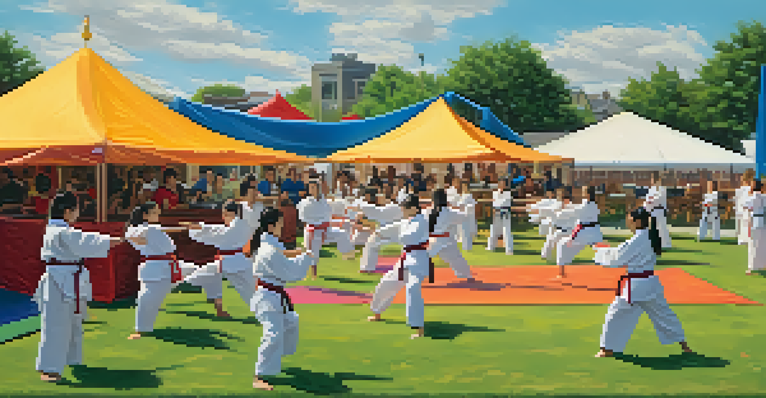 A community event with women of various backgrounds participating in a self-defense workshop outdoors, showcasing a joyful atmosphere.
