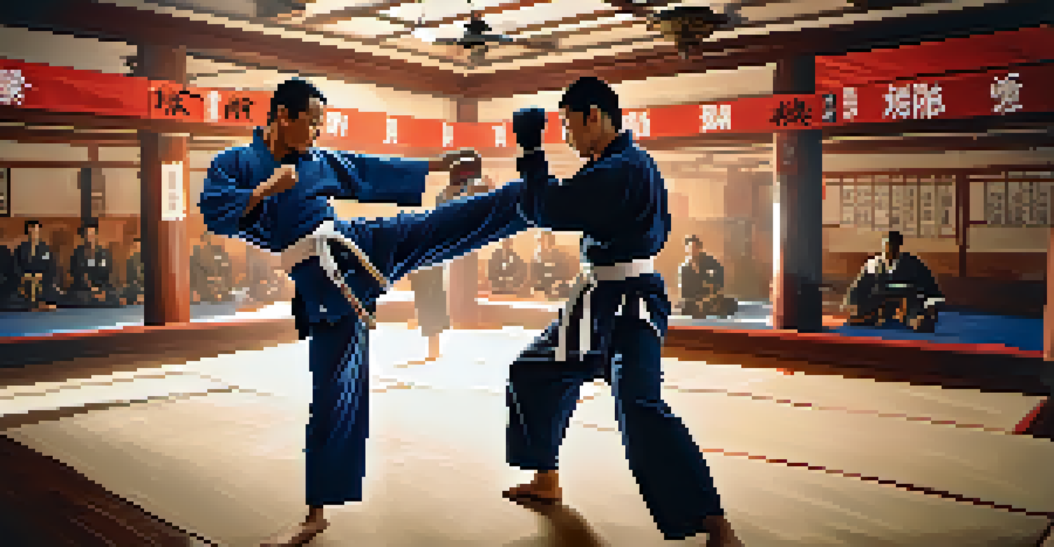 A dynamic sparring match between two martial artists, highlighting their focus and skill in a vibrant dojo setting.