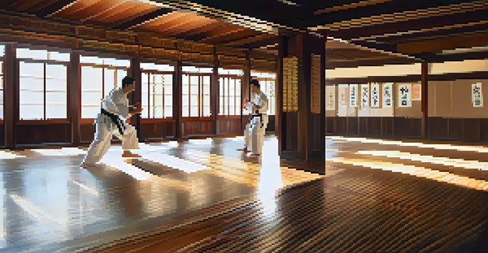 A student practicing martial arts in a well-lit dojo, demonstrating focus and discipline.