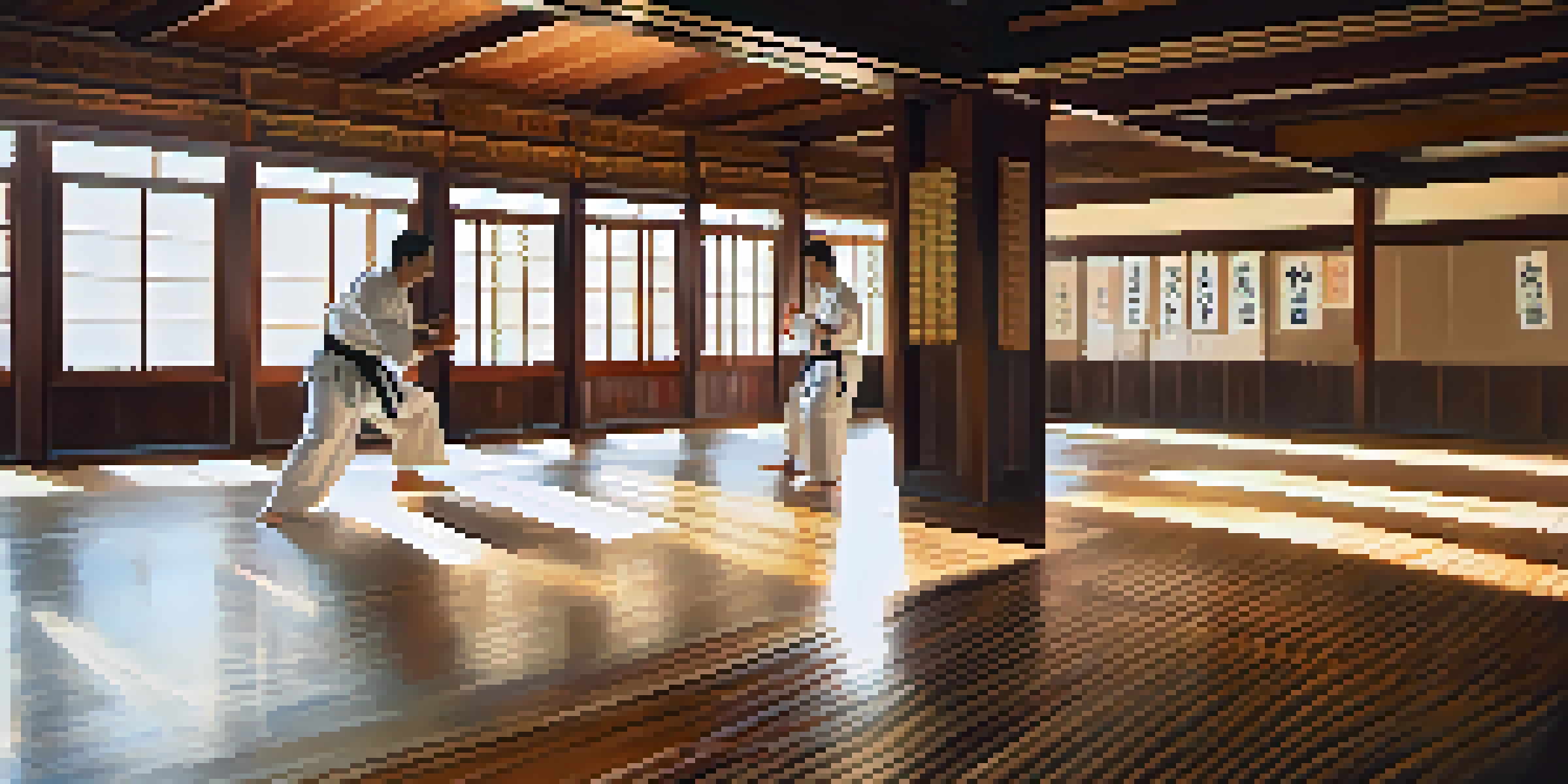 A student practicing martial arts in a well-lit dojo, demonstrating focus and discipline.