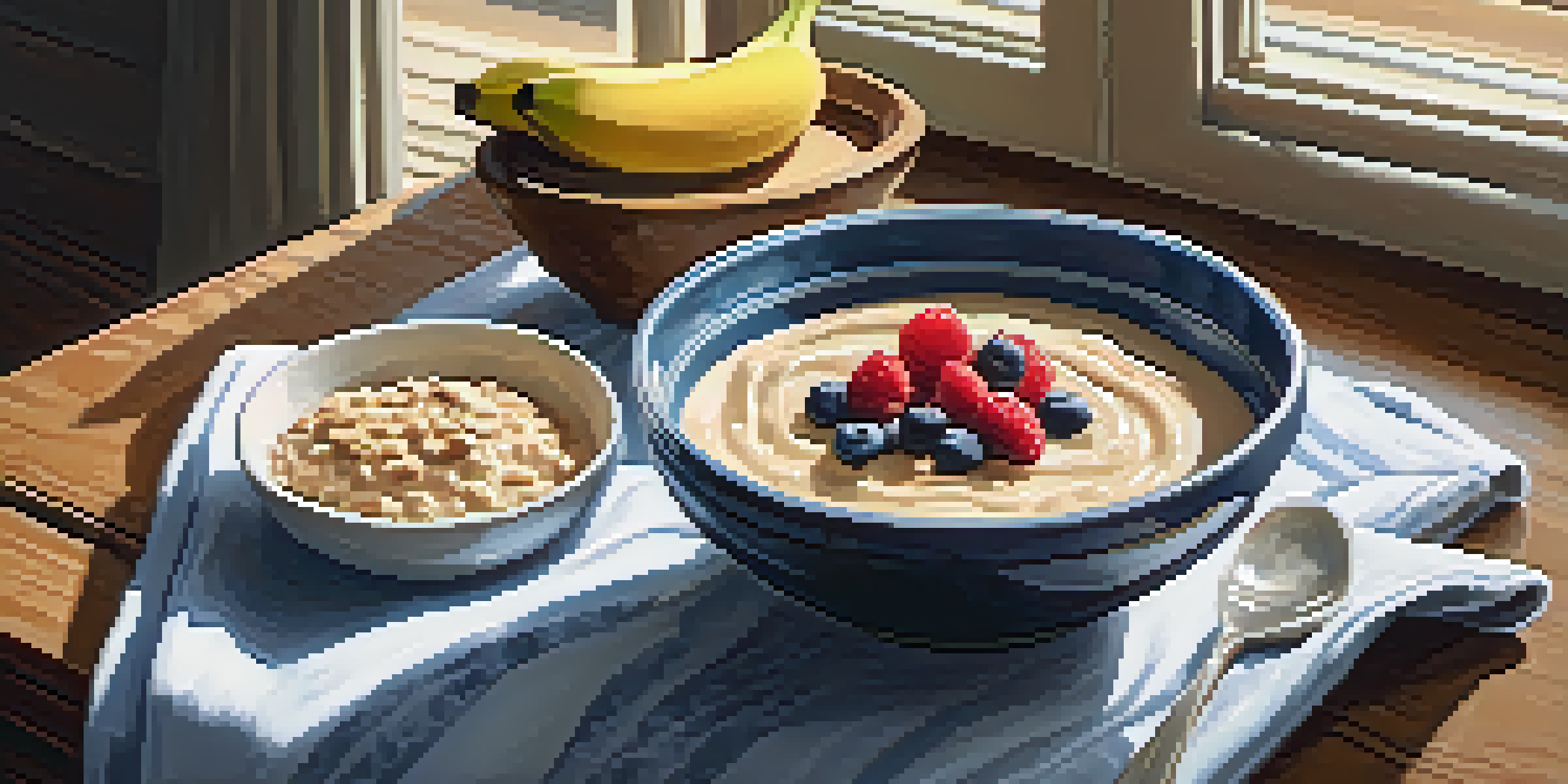 A wooden table with a banana, peanut butter, and a bowl of oatmeal with berries, illuminated by natural light.