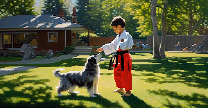 A child in a martial arts uniform practicing self-defense in a sunny backyard, demonstrating a wrist escape move with a dog observing.