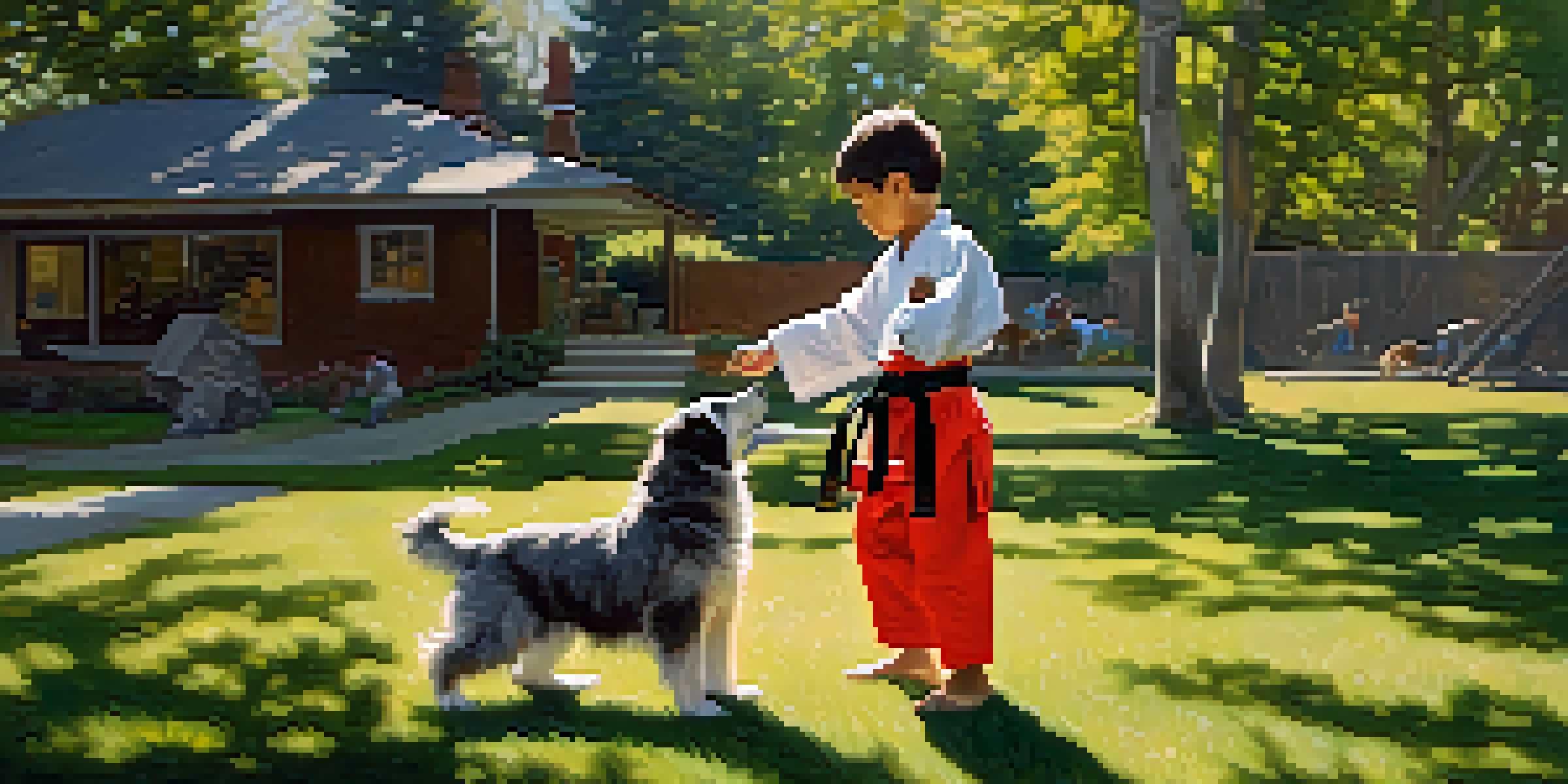 A child in a martial arts uniform practicing self-defense in a sunny backyard, demonstrating a wrist escape move with a dog observing.