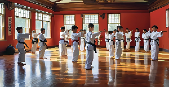 A martial arts class with diverse students practicing techniques, showcasing camaraderie and focus in a bright, inspiring environment.