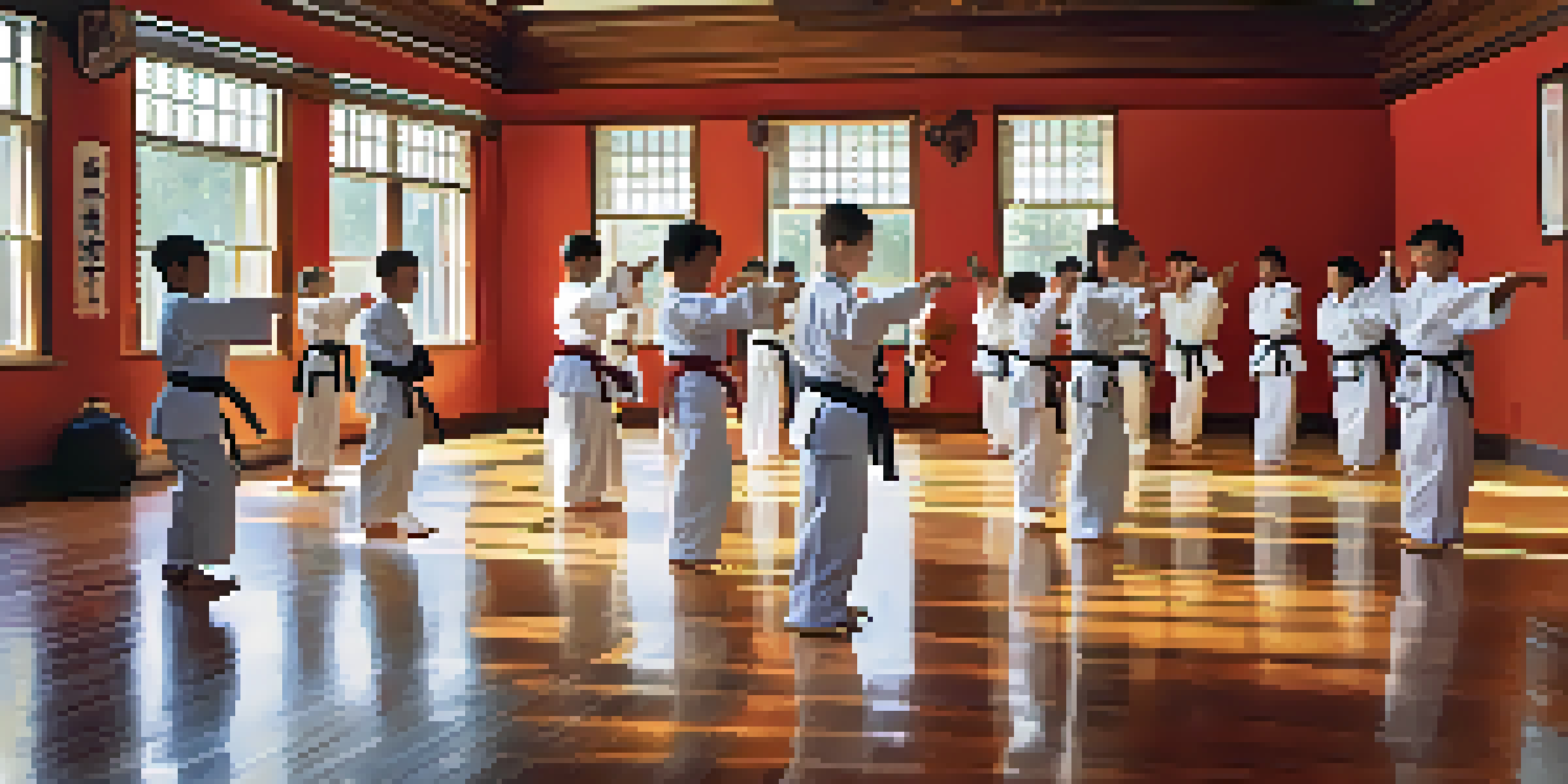 A martial arts class with diverse students practicing techniques, showcasing camaraderie and focus in a bright, inspiring environment.