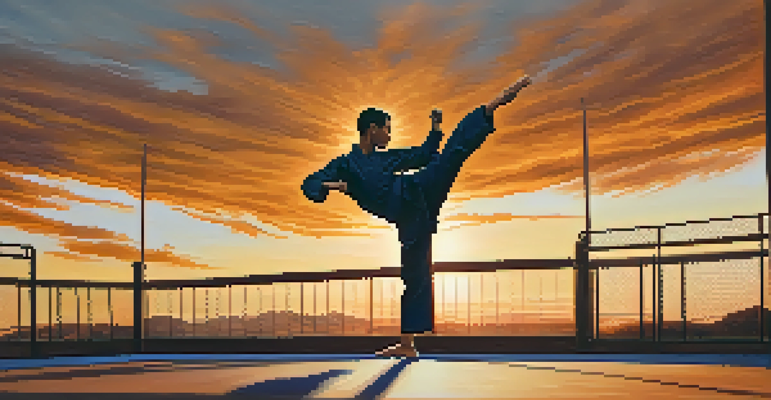A martial artist performing a high kick at sunset, with vibrant colors in the sky.