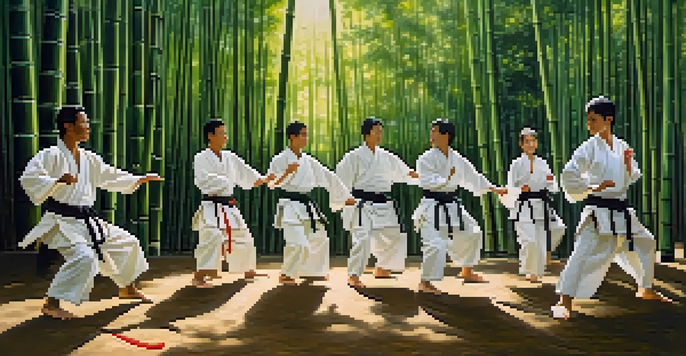 A group of martial arts practitioners in traditional attire practicing in a bamboo forest with sunlight filtering through the trees.
