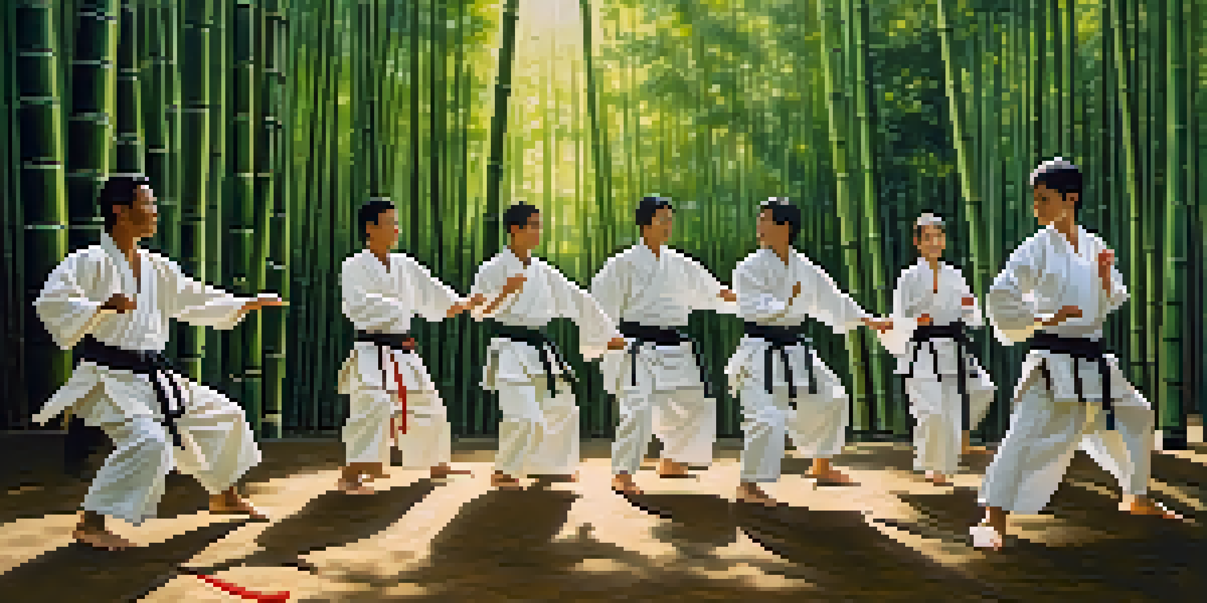 A group of martial arts practitioners in traditional attire practicing in a bamboo forest with sunlight filtering through the trees.