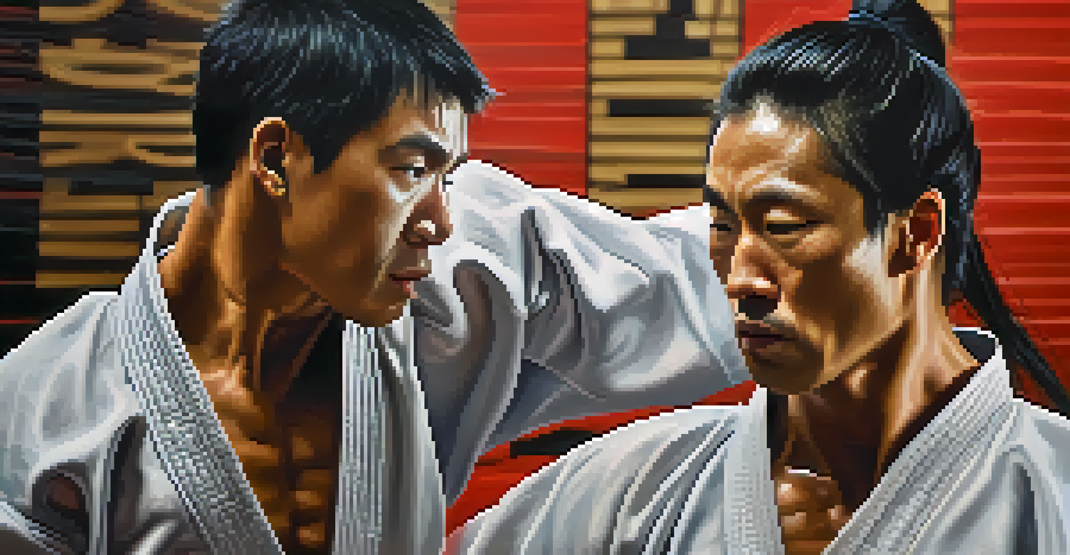Close-up of two martial artists sparring, highlighting their concentration and strategic mindset.
