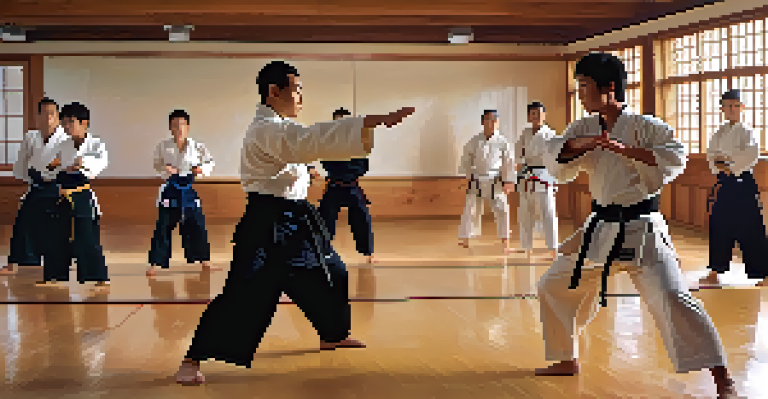 A martial arts instructor demonstrating a technique to attentive students, with warm lighting and wooden dojo textures creating a respectful atmosphere.