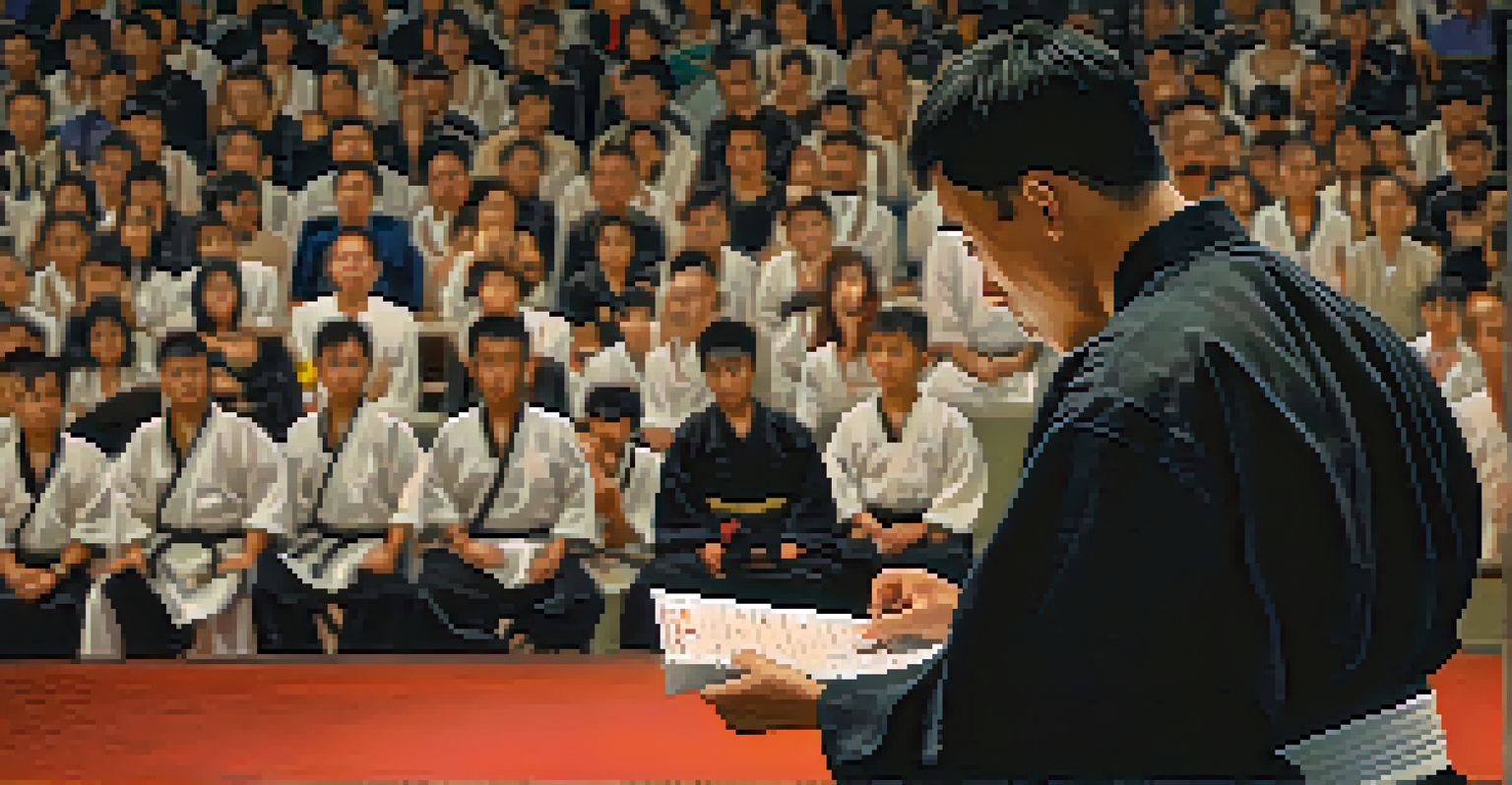 A martial arts judge focused on scoring, with competitors performing in the background.