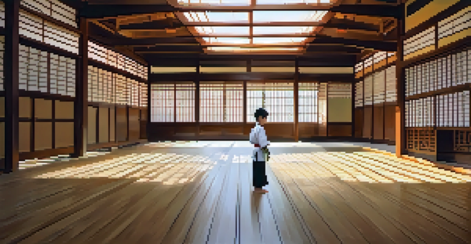 A young martial artist practicing in a traditional dojo, with wooden floors and soft sunlight filtering through shoji screens.